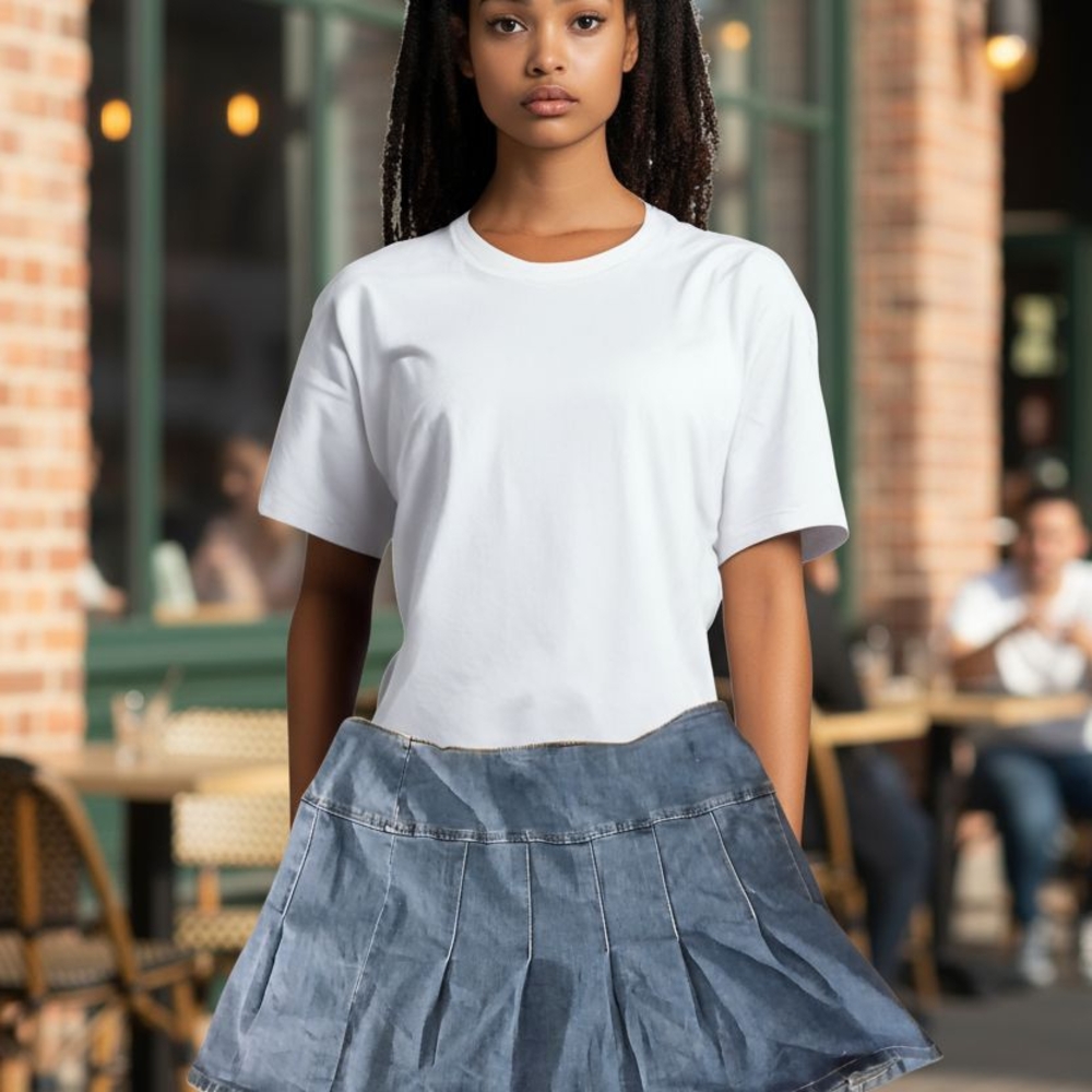 White T-Shirt with Denim Skirt